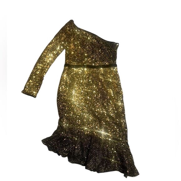 MARCHESA NOTTE Gold Sequin Ruffle Asymmetric One Shoulder Cocktail Dress Size 8 - Picture 2 of 7